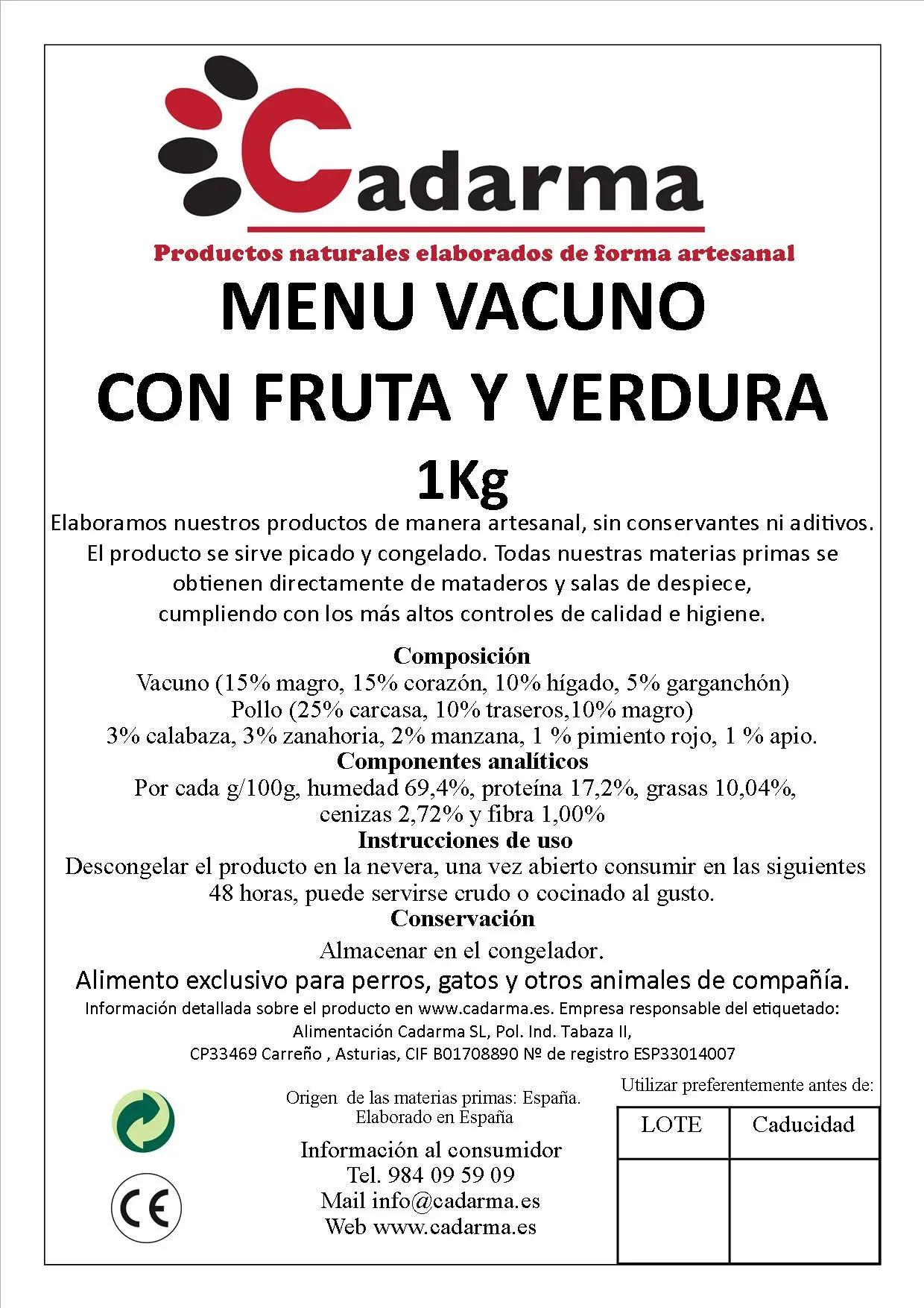 Cadarma - Menú de vacuno con Fruta y Verduras